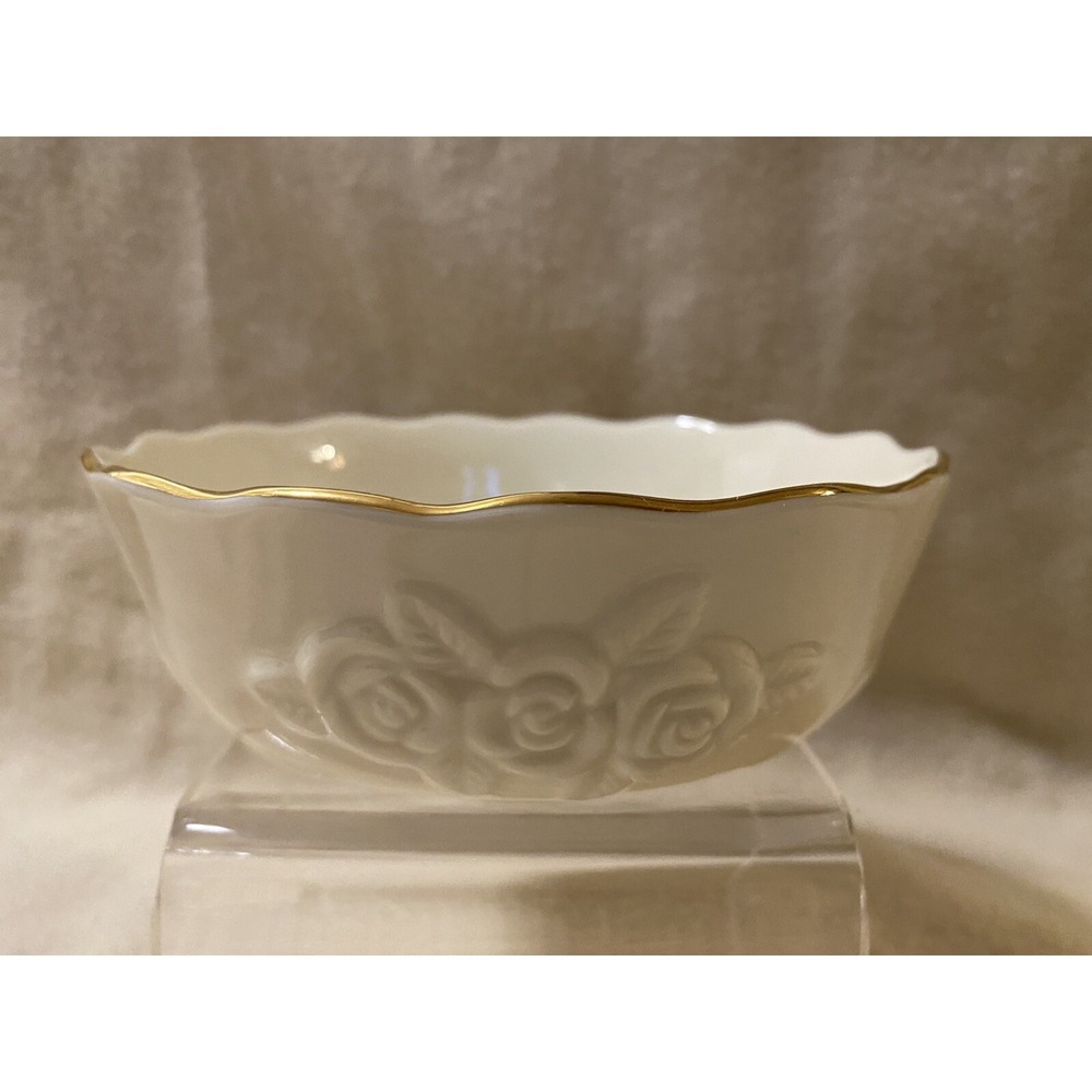 Lenox Bowl Embossed Rose Blossom Pattern Bowl Ivory with Gold Trim